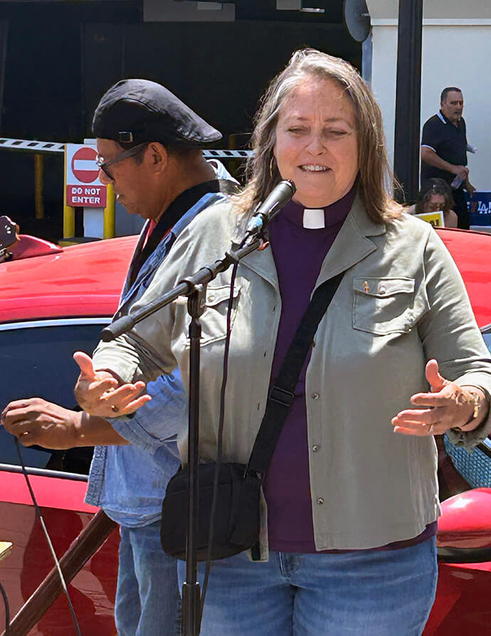 Bishop Dottie Escobedo-Frank of the California-Pacific Conference speaks during a June 9 protest against ICE in Pasadena, Calif. She had spent the morning with the congregation of Community United Methodist Church, which is rebuilding after January’s wildfires. Photo by the Rev. Amy Aitken, First United Methodist Church, Pasadena.