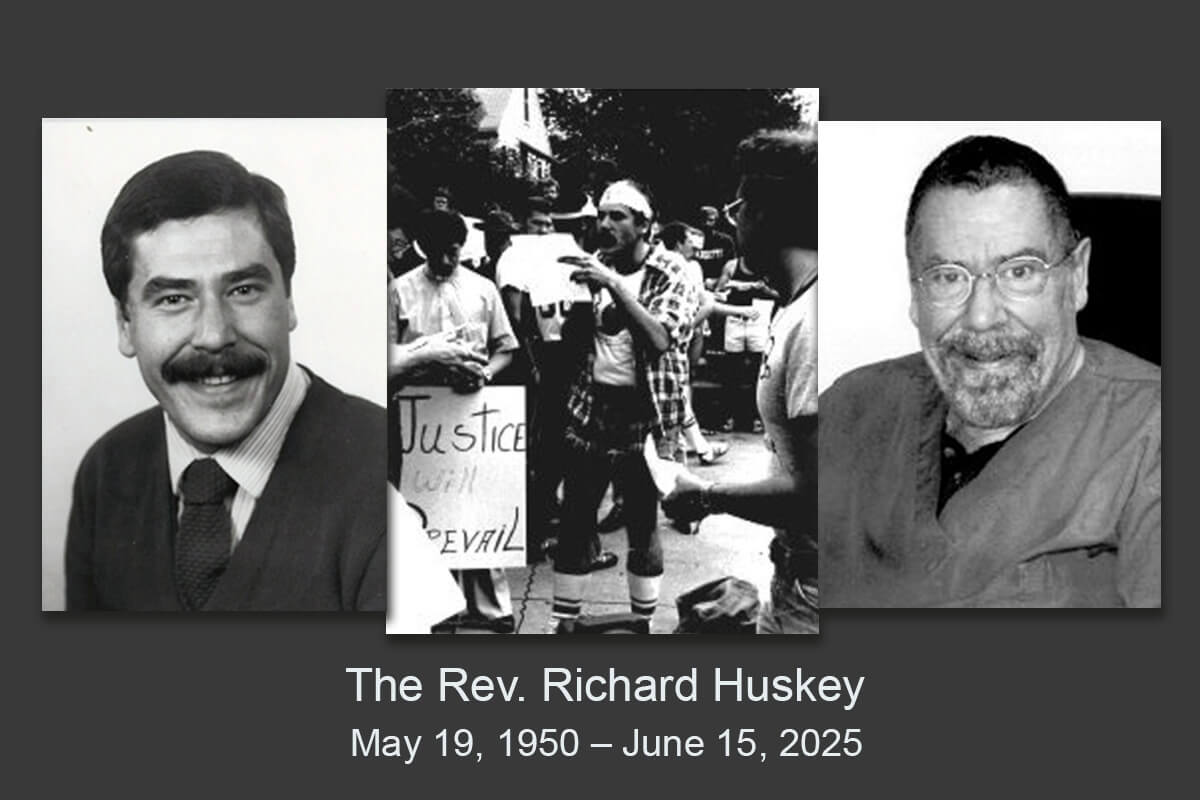 The Rev. Dr. Richard Huskey died one day after being ordained an elder in full connection in The United Methodist Church. He is pictured at left upon his seminary graduation in 1974. At center, Huskey attends a 1977 rally to support an ordinance that banned discrimination in employment and housing in St. Paul, Minn. He had selected the photo to represent his time in ministry. At right is Huskey in 2014. Photos are courtesy of Huskey; the 2014 photo is via the LGBTQ Religious Archives Network. 