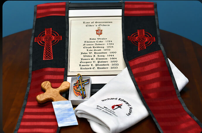 A stole and other items given to the Rev. Dr. Richard Huskey during his ordination on June 14, 2025. Huskey died the following day at age 75. Photo courtesy of the Minnesota Conference.