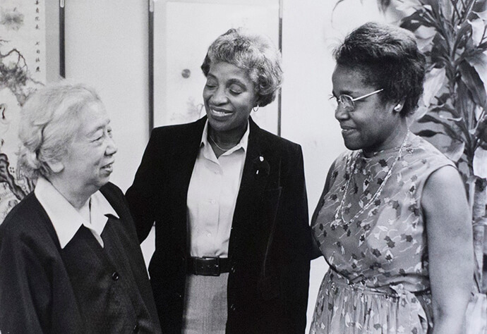 In recognition of her mentoring prowess, the Women’s Division created the annual Theressa Hoover Community Service and Global Citizenship award. In this 1979 photo, Hoover (right) and Mai Gray (center), president of the Women’s Division, greeted Xue Zheng, an educator from China. Photo by John Goodwin for the General Board of Global Ministries.