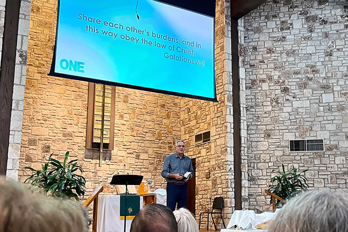 The Rev. David Payne, senior pastor at Kerrville First United Methodist Church, preaches during worship on July 6. In addition to Galatians, Payne turned to Paul’s words in Romans 8:38-39 to remind churchgoers that nothing can separate them from the love of God in Christ Jesus. Photo by the Rev. Amanda Banda, Rio Texas Conference.