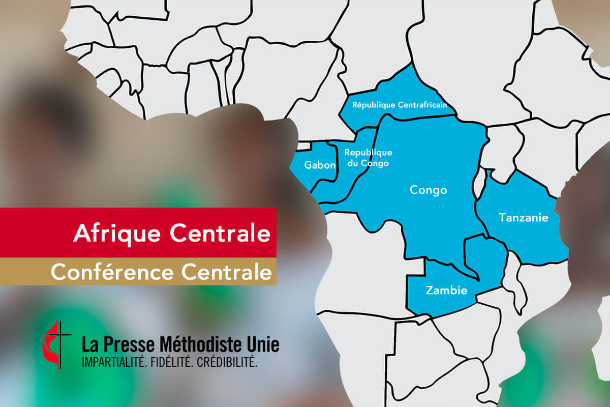 Une carte montre la Conférence Centrale d'Afrique Centrale, anciennement connue sous le nom de Conférence Centrale du Congo. La Conférence Centrale se réunira du 10 au 13 juillet à Kitwe, en Zambie. Les délégués éliront trois évêques, deux pour succéder aux évêques qui prennent leur retraite et un ajouté à la Conférence Centrale par la Conférence Générale de l'année dernière. Graphique de Ben Ward, UM News.