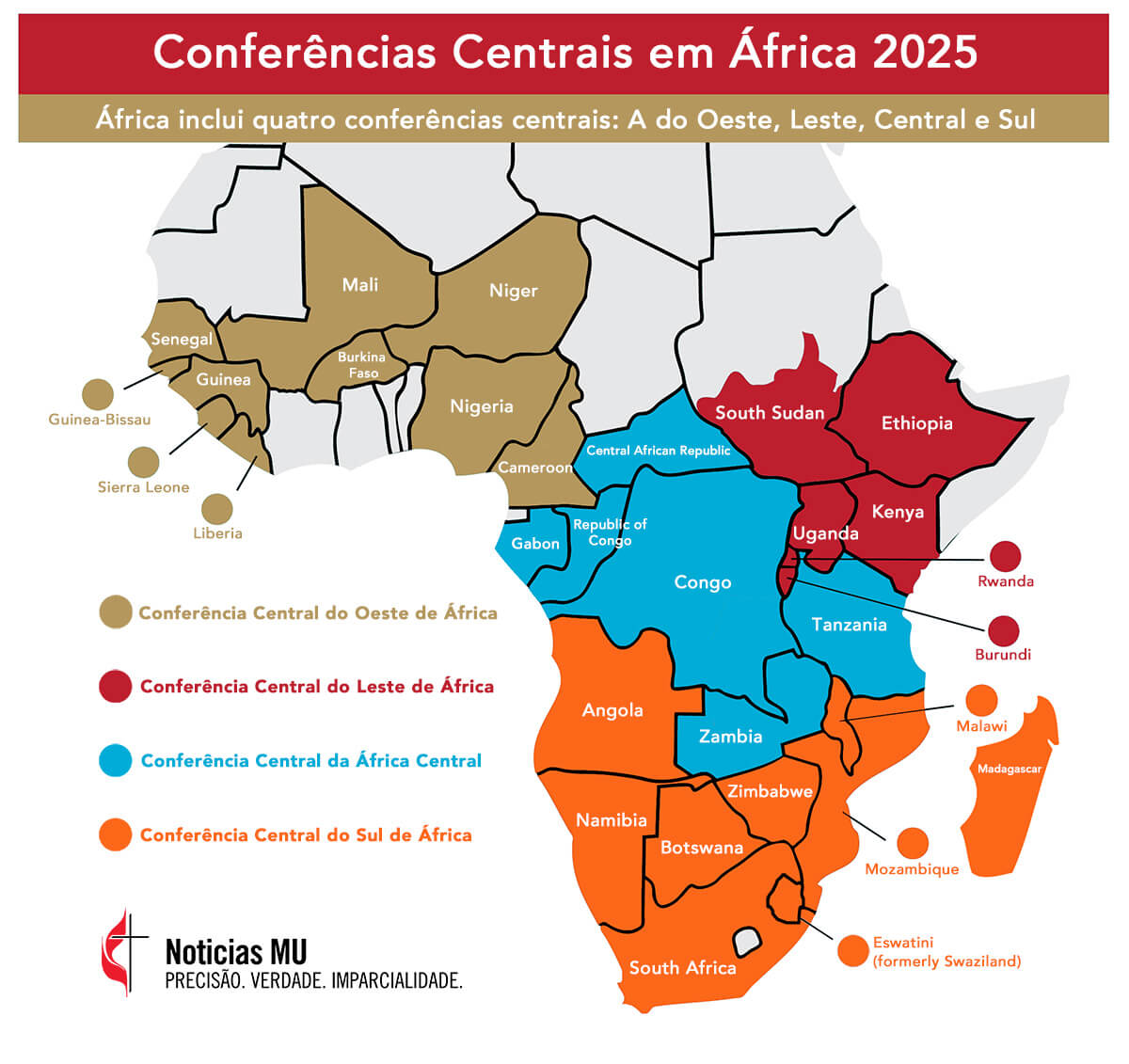 Mapa das fronteiras da conferência central da Igreja Metodista Unida em África no corrente mês. Gráfico de Ben Ward, UM News.