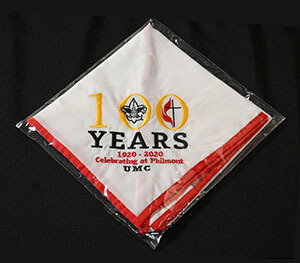 A neckerchief celebrating the relationship of Scouting America with The United Methodist Church is displayed during the 2025 National Men’s and Scouting Ministry Gathering from July 31 to Aug. 3 at Epworth-by-the-Sea, a United Methodist retreat center in St. Simons Island, Ga. Photo by Jim Patterson, UM News.