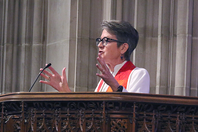 Retired United Methodist Bishop Sally Dyck preaches during worship on Aug. 5 at Church of the Saviour United Methodist Church. Dyck reflected on missionary Mary Scranton’s influence on Korean women’s rights and education. Photo by the Rev. Thomas E. Kim, UM News.  