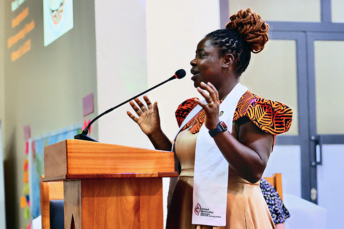 Deaconess Leah Wandera delivers an address during the Africa Region Deaconess/Home Missioner consecration event held July 8-12 in Tanzania. Wandera serves as Africa Region coordinator for the Deaconess/Home Missioner Office, which is supported by United Women in Faith. Photo courtesy of Laurel Akin.