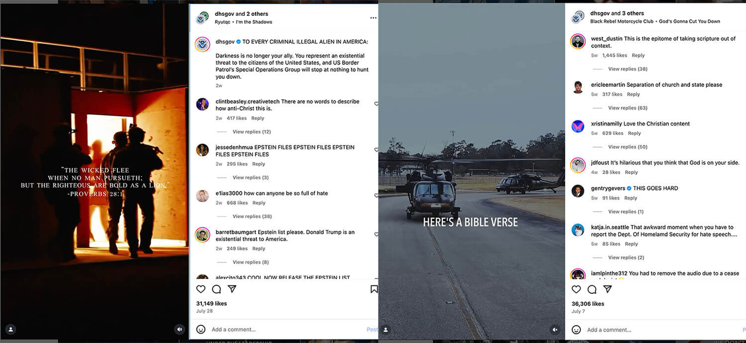 Dos publicaciones en redes sociales del Departamento de Seguridad Nacional de Estados Unidos en julio de 2025 con referencias bíblicas y reacciones. 