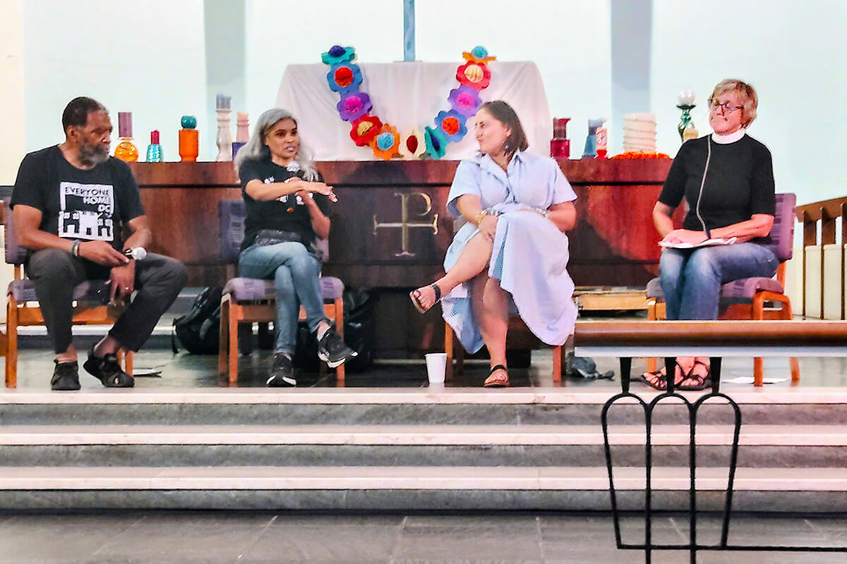 Keya Chatterjee, executive director of Free DC, speaks as part of an Aug. 23 panel discussion at Capitol Hill United Methodist Church. Joining Chatterjee from left are Mak Robinson, lead street outreach coordinator for Everyone Home DC; Amy Fischer, organizer with Migrant Solidarity Mutual Aid; and the Rev. Stephanie Vader, the church’s senior pastor. Photo courtesy of Capitol Hill United Methodist Church.